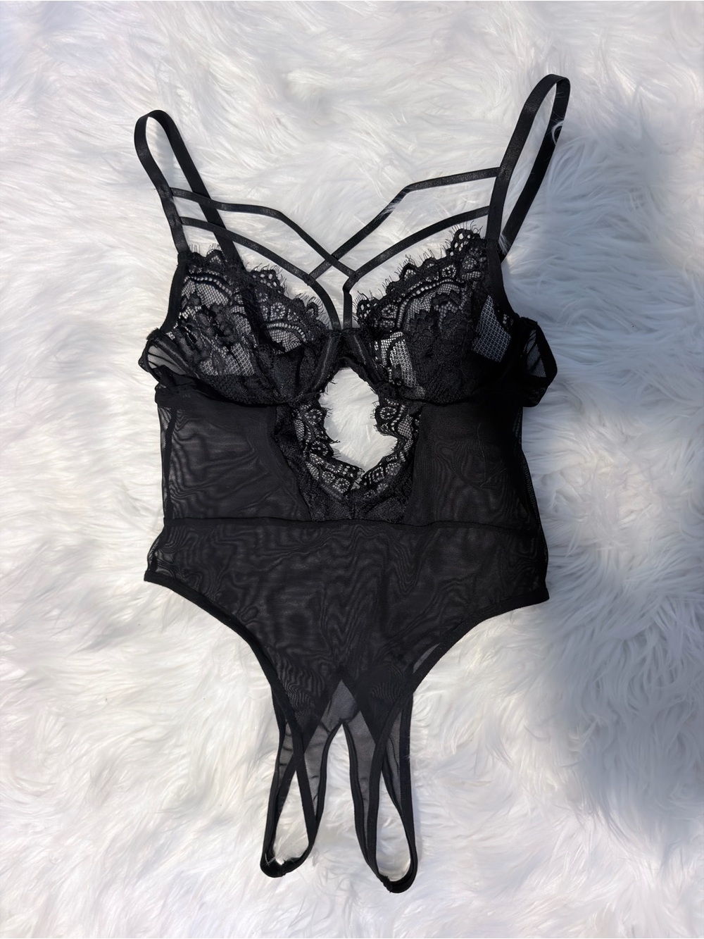 NWOT Black Strappy Lace Mesh Bodysuit Lingerie Teddy Size Small
